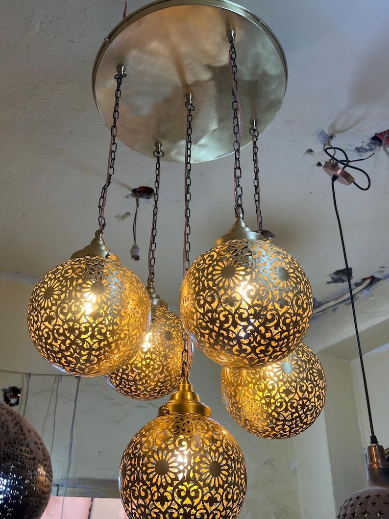 Moroccan Brass Pendant Light Chandelier – 5 Globe Ceiling Lamp | Handmade Gold Light Fixture | Boho Hanging Light