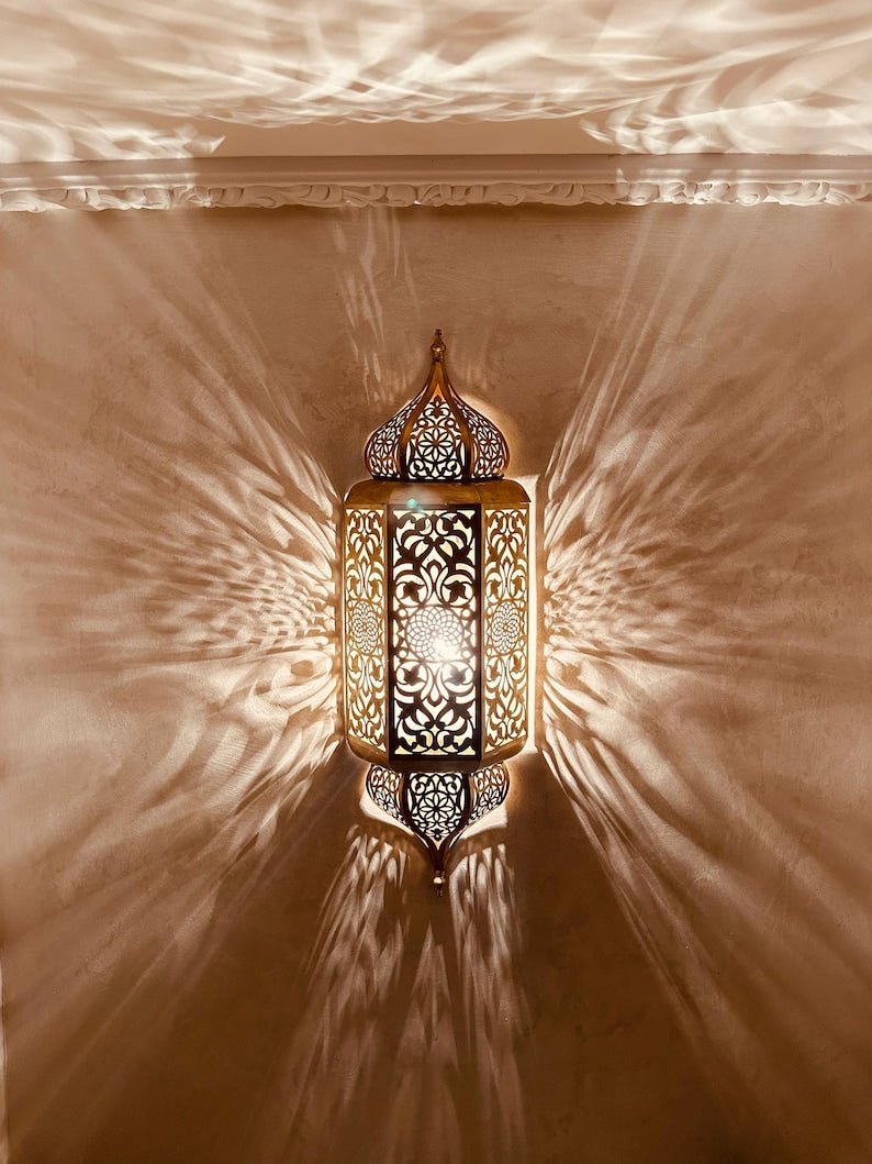 Set of 2 Handmade Moroccan Brass Wall Sconce: Ambient Light, Copper Finish