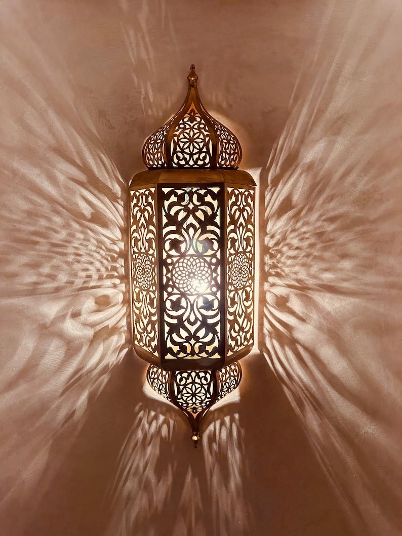 Set of 2 Handmade Moroccan Brass Wall Sconce: Ambient Light, Copper Finish