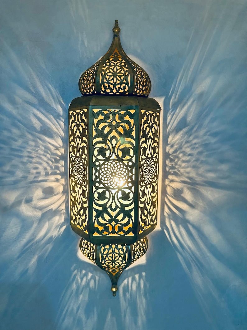 Set of 2 Handmade Moroccan Brass Wall Sconce: Ambient Light, Copper Finish