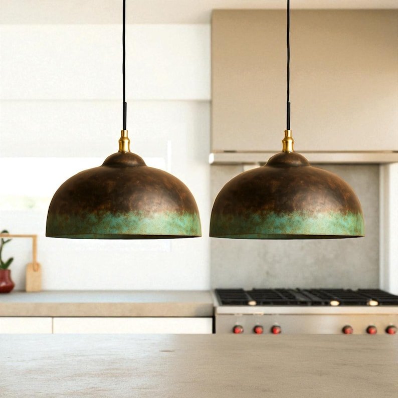 Oxidized Kitchen Lamp, Green Patina Ceiling Light, Copper Kitchen Island lighting, Art deco Lamp