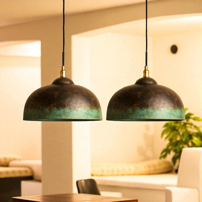 Oxidized Kitchen Lamp, Green Patina Ceiling Light, Copper Kitchen Island lighting, Art deco Lamp