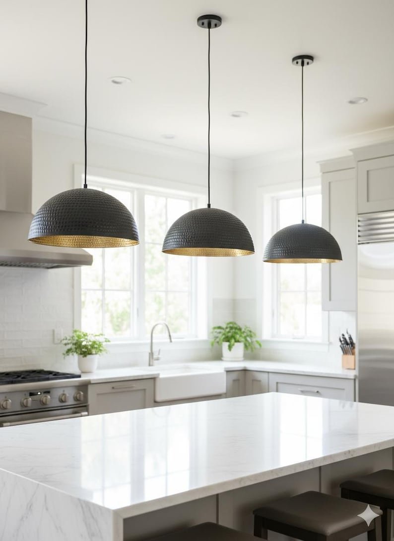 Modern Brass Pendant Light – Hammered Dome Ceiling Lamp | Black Dome Ceiling Light