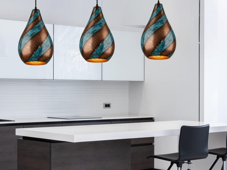 Blue Patina Copper Pendant Light - Rustic Kitchen Island Lighting Blue Patina Copper Pendant Light - Rustic Kitchen Island Lighting