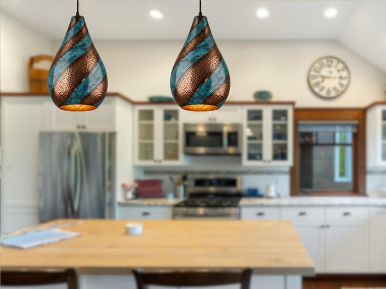 Blue Patina Copper Pendant Light - Rustic Kitchen Island Lighting Blue Patina Copper Pendant Light - Rustic Kitchen Island Lighting