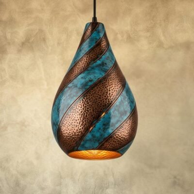 products-BluePatinaCopperPendantLight6 Blue Patina Spiral Copper Teardrop Artistic Statement Pendant