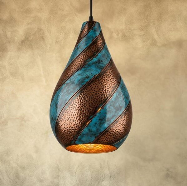 products-BluePatinaCopperPendantLight6 Blue Patina Spiral Copper Teardrop Artistic Statement Pendant
