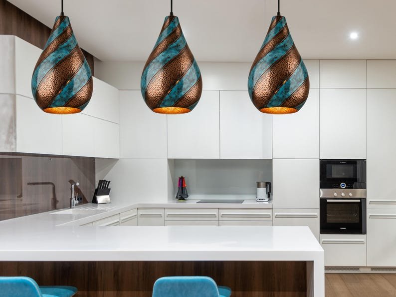 Blue Patina Copper Pendant Light - Rustic Kitchen Island Lighting Blue Patina Copper Pendant Light - Rustic Kitchen Island Lighting