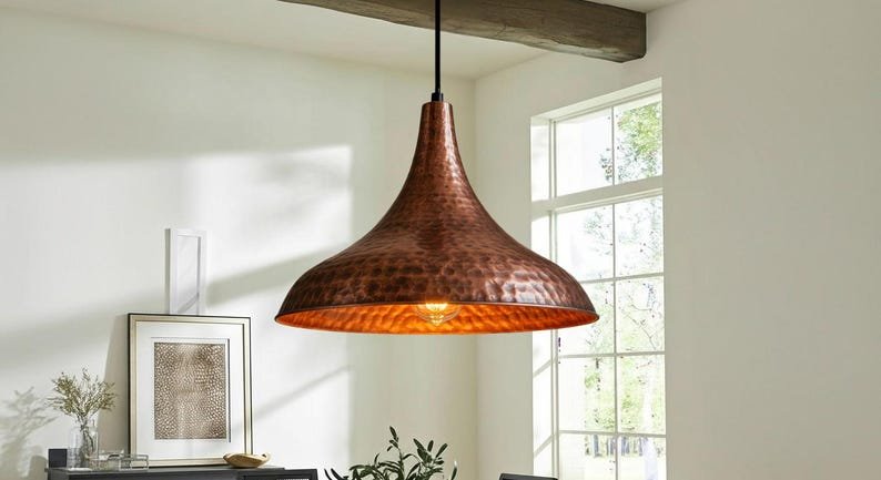 Handcrafted Copper Dome Pendant Light: Moroccan Boho Farmhouse Lamp