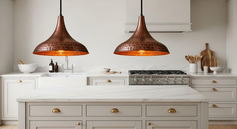 Handcrafted Copper Dome Pendant Light: Moroccan Boho Farmhouse Lamp