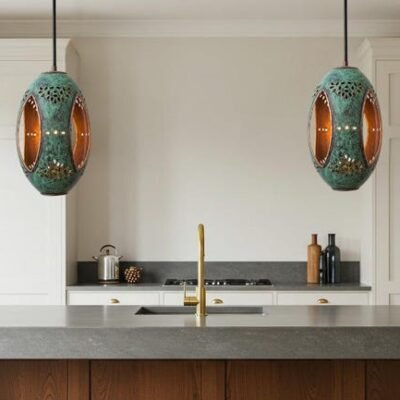 Green Patina Brass Pendant Light: Moroccan Boho Hanging Lamp