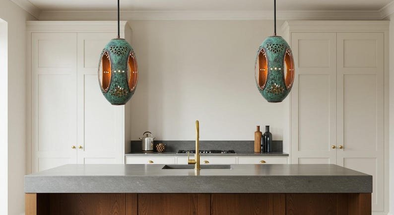Green Patina Brass Pendant Light: Moroccan Boho Hanging Lamp