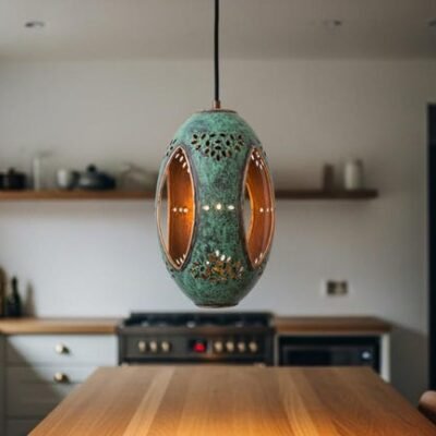 Green Patina Brass Pendant Light: Moroccan Boho Hanging Lamp