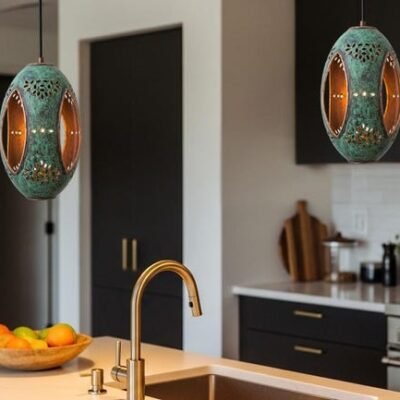 Green Patina Brass Pendant Light: Moroccan Boho Hanging Lamp