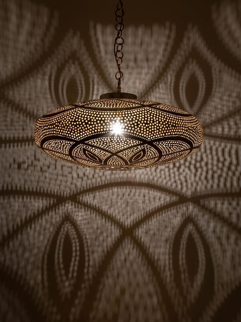 products-BohoStyleHomeDecor3 Boho Brass Shadow Pendant Low Dome Ceiling Light
