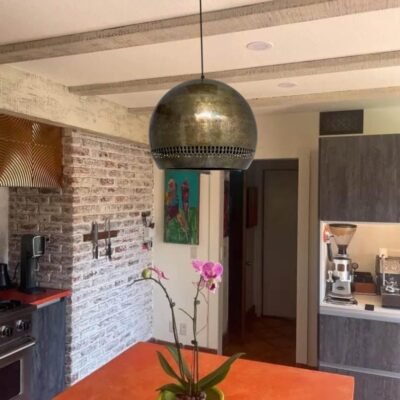 Bronze Globe Pendant Light β Burnished Brass Moroccan Hanging Ceiling Lamp with Perforation Design Bronze Globe Pendant Light β Burnished Brass Moroccan Hanging Ceiling Lamp with Perforation Design