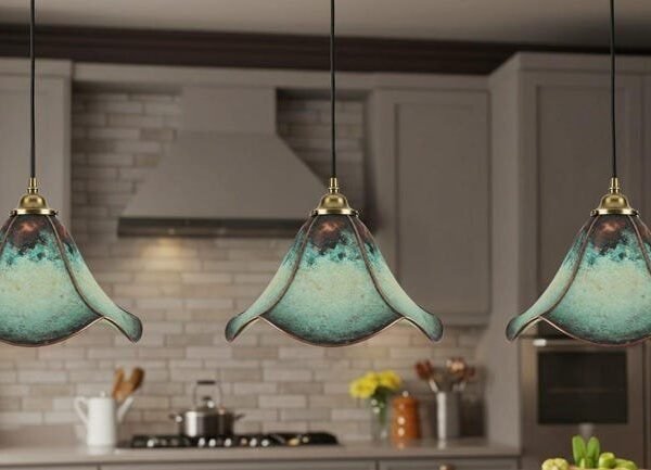 products-CopperHangingLight_CopperKitchenIsland6 Green Patina Floral Pendant Sculptural Copper Ceiling Light