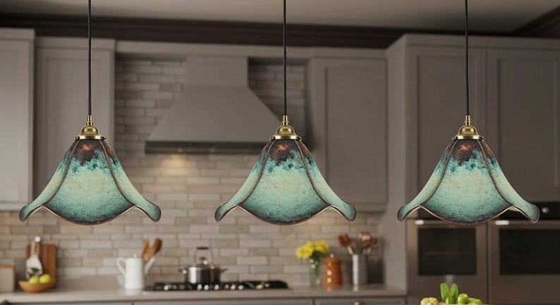 products-CopperHangingLight_CopperKitchenIsland6 Green Patina Floral Pendant Sculptural Copper Ceiling Light