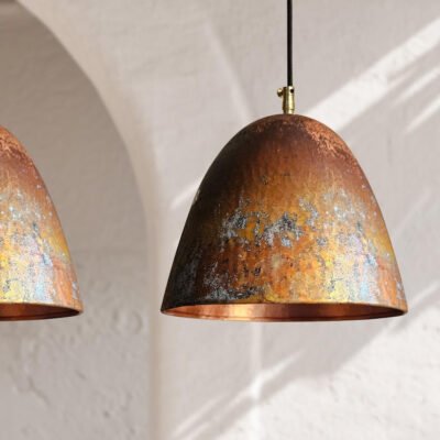 Aged Copper Pendant Set of 3 – Handcrafted Dome Lights Trio for Vintage Kitchen or Dining Room Ceiling