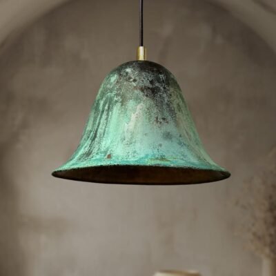 Handmade Oxidized Bell Shaped Copper Pendant Light, Green Patina Copper Dome Pendant Light, Farmhouse Kitchen Ceiling Lamp Fixture