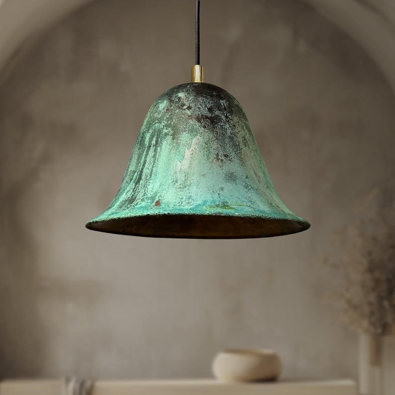 Handmade Oxidized Bell Shaped Copper Pendant Light, Green Patina Copper Dome Pendant Light, Farmhouse Kitchen Ceiling Lamp Fixture
