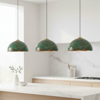 Green Oxidized Brass Pendant Light – Handmade Dome Ceiling Lamp with Spiral Brass Detail, Moroccan Patina Hanging Light Fixture for Kitchen