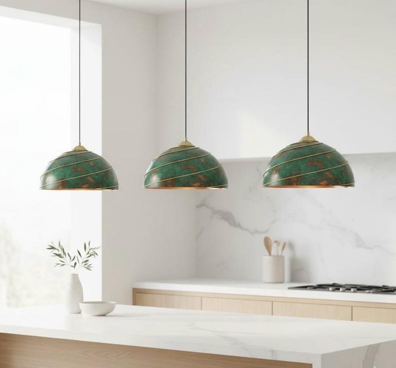 Green Oxidized Brass Pendant Light – Handmade Dome Ceiling Lamp with Spiral Brass Detail, Moroccan Patina Hanging Light Fixture for Kitchen