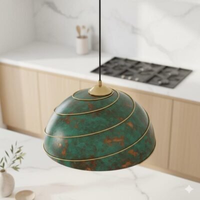 Green Oxidized Brass Pendant Light – Handmade Dome Ceiling Lamp with Spiral Brass Detail, Moroccan Patina Hanging Light Fixture for Kitchen