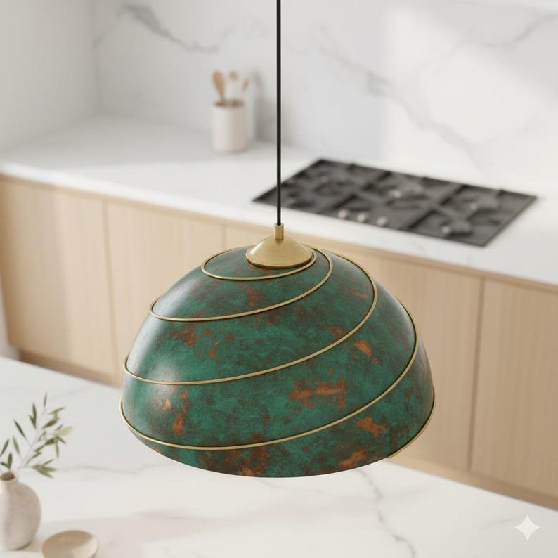 Green Oxidized Brass Pendant Light – Handmade Dome Ceiling Lamp with Spiral Brass Detail, Moroccan Patina Hanging Light Fixture for Kitchen