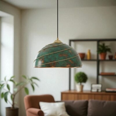 Green Oxidized Brass Pendant Light – Handmade Dome Ceiling Lamp with Spiral Brass Detail, Moroccan Patina Hanging Light Fixture for Kitchen