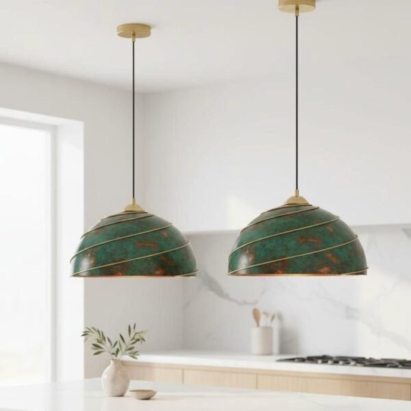 products-FixtureforKitchen5 Green Patina Swirl Dome Pendant Modern Rustic Kitchen Fixture