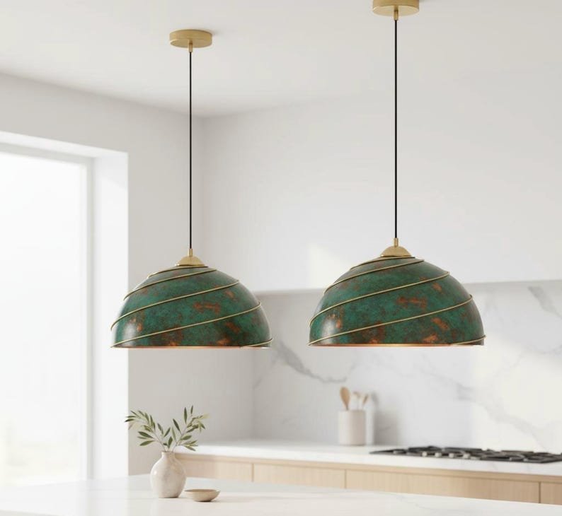 Green Oxidized Brass Pendant Light – Handmade Dome Ceiling Lamp with Spiral Brass Detail, Moroccan Patina Hanging Light Fixture for Kitchen