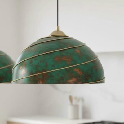 Green Oxidized Brass Pendant Light – Handmade Dome Ceiling Lamp with Spiral Brass Detail, Moroccan Patina Hanging Light Fixture for Kitchen