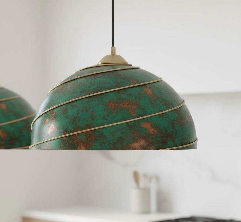 Green Oxidized Brass Pendant Light – Handmade Dome Ceiling Lamp with Spiral Brass Detail, Moroccan Patina Hanging Light Fixture for Kitchen