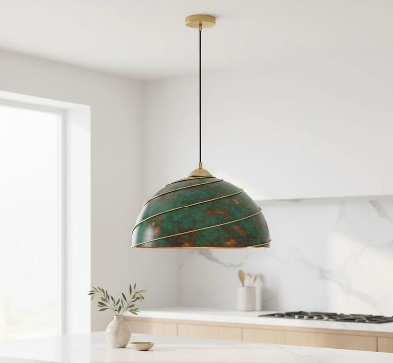 Green Oxidized Brass Pendant Light – Handmade Dome Ceiling Lamp with Spiral Brass Detail, Moroccan Patina Hanging Light Fixture for Kitchen