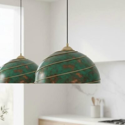 Green Oxidized Brass Pendant Light – Handmade Dome Ceiling Lamp with Spiral Brass Detail, Moroccan Patina Hanging Light Fixture for Kitchen