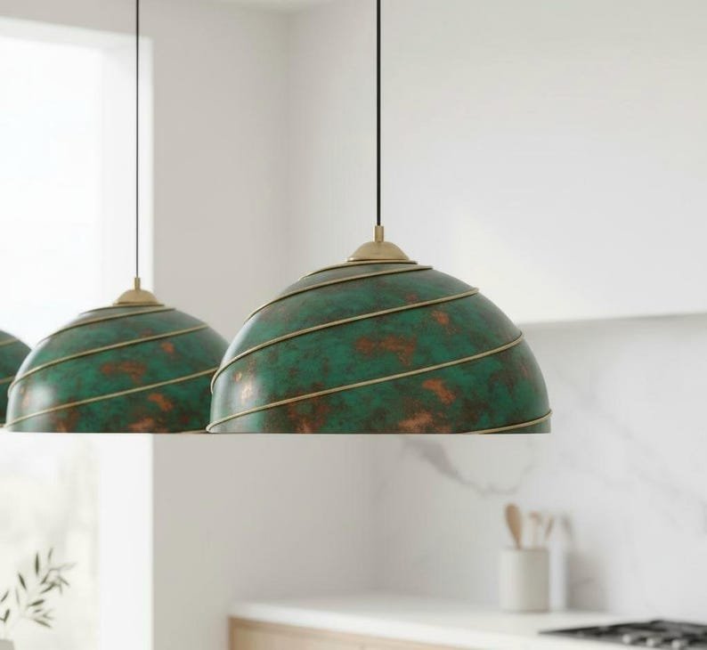 Green Oxidized Brass Pendant Light – Handmade Dome Ceiling Lamp with Spiral Brass Detail, Moroccan Patina Hanging Light Fixture for Kitchen