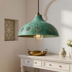 Floral Green Patina Dome Pendant Boho Moroccan Ceiling Lamp