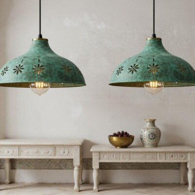 Moroccan Green Patina Brass Pendant Light: Floral Boho Ceiling Lamp