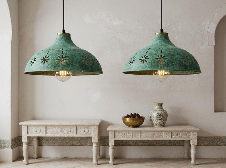 Moroccan Green Patina Brass Pendant Light: Floral Boho Ceiling Lamp