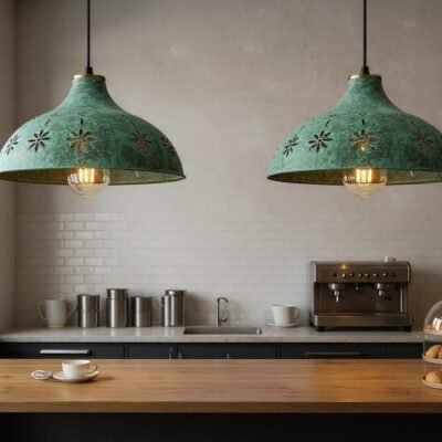 Moroccan Green Patina Brass Pendant Light: Floral Boho Ceiling Lamp