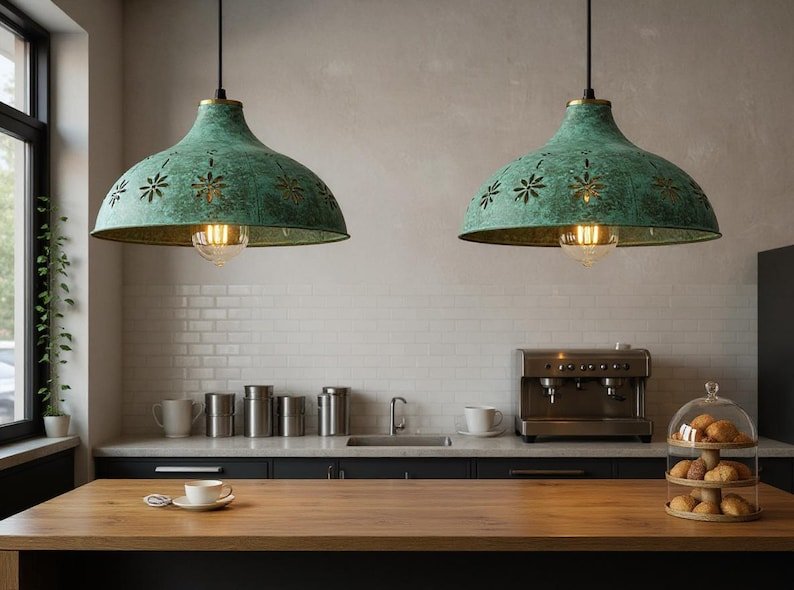 Moroccan Green Patina Brass Pendant Light: Floral Boho Ceiling Lamp