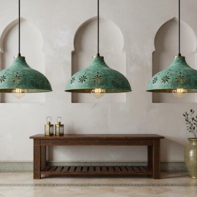 Moroccan Green Patina Brass Pendant Light: Floral Boho Ceiling Lamp