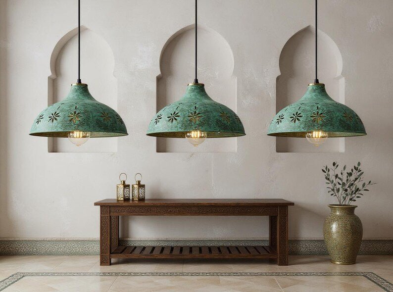 Moroccan Green Patina Brass Pendant Light: Floral Boho Ceiling Lamp