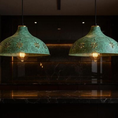 Moroccan Green Patina Brass Pendant Light: Floral Boho Ceiling Lamp