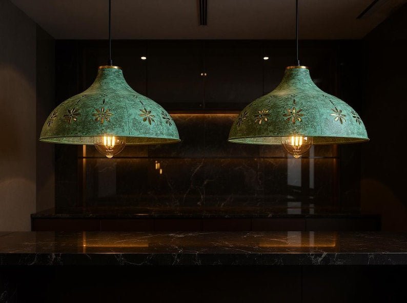 Moroccan Green Patina Brass Pendant Light: Floral Boho Ceiling Lamp