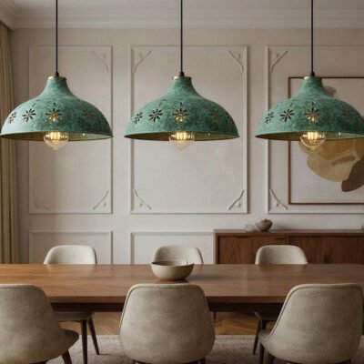 Moroccan Green Patina Brass Pendant Light: Floral Boho Ceiling Lamp