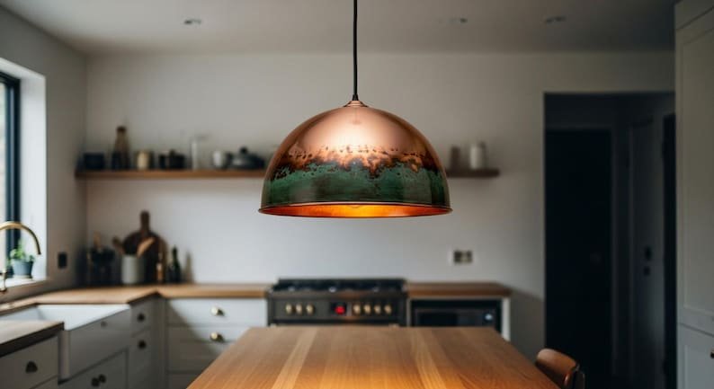 Handcrafted Hammered Brass Dome Pendant Light: Green Patina Copper Finish Handcrafted Hammered Brass Dome Pendant Light: Green Patina Copper Finish