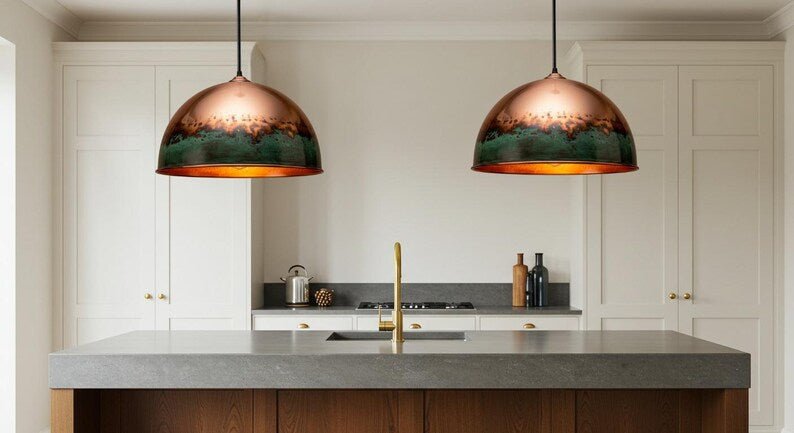 Handcrafted Hammered Brass Dome Pendant Light: Green Patina Copper Finish Handcrafted Hammered Brass Dome Pendant Light: Green Patina Copper Finish