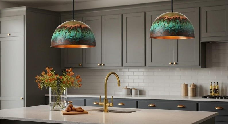 Handmade Moroccan Copper Pendant Light: Green Patina Dome Ceiling Lamp Handmade Moroccan Copper Pendant Light: Green Patina Dome Ceiling Lamp